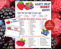 berries and raspberries with the words berry name on them, next to a sign that says what's your berry name?