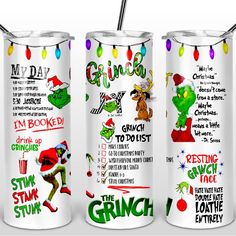 three grino christmas tumbles are shown with the names and phrases on each one