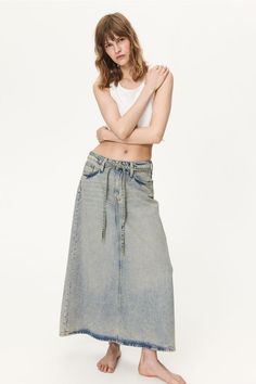 Long  5-pocket skirt in supersoft  featherlight denim. High waist  zip fly with button  and a high slit at back of hem. Active Swimwear, Sportswear Trends, Sport Swimwear, Kids Outerwear, Maternity Wear, Newborn Outfits, Light Denim, Skirts With Pockets, Outdoor Apparel