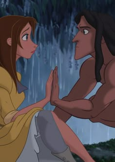 the princess and the frog are sitting in the rain, one is touching his hand