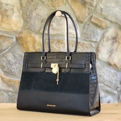 Michael Kors Outlet! Color: Black/Gold. Authentic. New With Tags. Price Firmno Trades Smoke & Pet Free Home. Material: Croc, Suede, & Pebble Leather. Interior: 1 Zipper Pocket & 2 Slip Pockets. Approximate Measurements: 17"(Base) - 16"(Top) X 12.75"H X 6.5"H. Michael Kors Workwear Tote Bag, Elegant Michael Kors Shoulder Bag For Work, Michael Kors Black Shoulder Bag For Work, Michael Kors Black Shoulder Bag For Business, Michael Kors Black Business Shoulder Bag, Michael Kors Black Workwear Bag, Michael Kors Black Shoulder Bag With Leather Handles, Michael Kors Black Bag With Leather Handles, Black Michael Kors Bag For Office