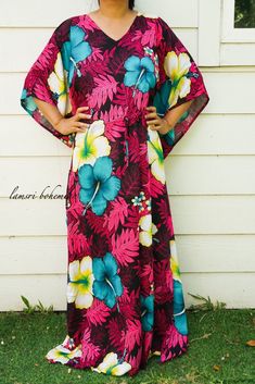 "Measurement and detail: 👉Fabric: 100% Breathable and Comfy Rayon 👉Special Feature: Adjustable rope around the waist to tighten the kaftan 👉Size: One Size Fits Most (M-5XL) Extremely comfy 👉Boho/Hippie /Hawaiian/Beach/Tropical Theme 👉Length of Dress: 55\" 👉Width of Dress: 45\" 👉Bust 60\"-90\" 👉The back is identical to front pattern 👉Great for wearing while doing arts, crafts, relaxing at your home or feeling tropical vibes. ------------------------------------------- 🌸Care Instruction: