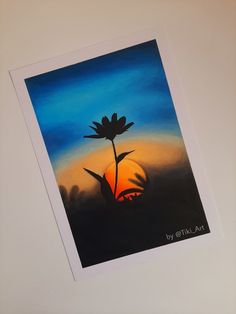 a painting of a flower with the sun setting in the background and blue sky behind it