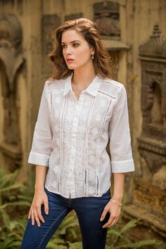 White Hand Embroidered Poet's Blouse - Morning Glory | NOVICA Cotton Lace Tops, Poet Blouse, Style Guru, White Hand, Cotton Blouse, Morning Glory, White Shirts, Cotton Blouses, Embroidered Blouse