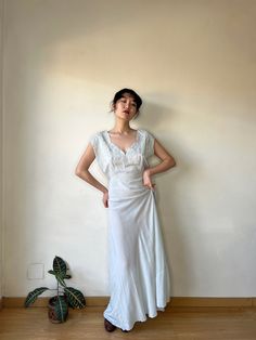 Antique Vintage 1940s pale babe blue bias cut nightgown maxi lingerie dress size: fits best M and small L, model wears 36, S shoulder: 44cm pit to pit: 48cm waist: 38cm length: 140cm material: pure silk era: 1940, 1950 condition: good antique condition, some small stains as shown in the pictures  be notice that the dress is an antique piece that comes from 80 years ago, It may have small marks and/or snags and sign of wear throughout. Please purchase willing to accept all signs of wear. NOTE For Old Fashion Dresses, Maxi Slip Dress, Lingerie Dress, Star Dress, Chiffon Lace, Silk Chiffon, Dress Clothes For Women, Antique Vintage, Pure Silk