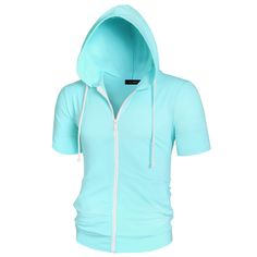 This garment features a classic regular fit, a solid color that complements any outfit, short sleeves for a comfortable feel, a convenient front zip for easy wear, and an adjustable drawstring hood that adds both style and practicality. This zip-up hoodie with drawstring features lightweight fabric for comfort. This short-sleeved hoodie easily pairs with a variety of outfits for a smart-casual look, like shorts or casual trousers. This hoodie is suitable for many occasions, such as daily wear, s Casual Blue Hooded T-shirt, Casual Short Sleeve Tops With Drawstring Hood, Blue Hooded Cotton T-shirt, Streetwear Short Sleeve Tops With Drawstring Hood, Sporty Short Sleeve Hoodie With Drawstring, Short Sleeve Tops With Drawstring Hood For Streetwear, Short Sleeve Cotton Hoodie With Drawstring, Short Sleeve Hoodies, Basic Hoodie