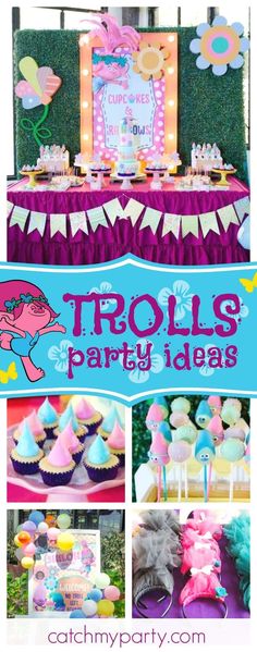 troll's party ideas with pink and blue decorations, cupcakes and cake