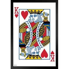 the king of hearts playing card is shown in red, yellow and blue with two hands