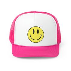 These smiley face trucker caps are perfect for summer trips, parties and gifts. A 100% polyester front and 100% nylon mesh weave back make these hats durable through regular wear and tear. They come in one size with an adjustable plastic snap closure: 22.8" (58cm). The cap's front has six rows of visor stitching and the design is printed on the cap. .: Material: 100% polyester foam front with 100% nylon mesh weave back .: One size fits most (22.8"/58cm) .: Two colors to pick from (green and pink) .: Adjustable plastic snap closure .: Six row stitching on visor Cheap Pink Trucker Hat For Outdoor, Fun Mesh Trucker Hat Baseball Cap, Trendy Pink Mesh Trucker Hat, Casual Pink Mesh Trucker Hat, Playful Snapback Trucker Hat For Outdoor, Summer Smiley Face Cap, Summer Smiley Face Baseball Cap, Summer Baseball Cap With Smiley Face, Funny White Adjustable Trucker Hat