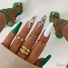 Qteee - Wearing nail white and green wave clash color nail patch wearing nail fake nails Green Nail Designs, Acrylic Nails Coffin, Dope Nails, Nail Arts, Nail Polishes, Long Acrylic Nails, Cute Acrylic Nails