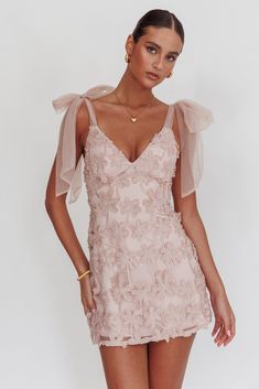 Mykonos Morning Tied Shoulder Embellished Mini Dress Blush by Selfie Leslie Short Colorful Dress, Pref Dresses Rush, Winter Formal Short Dresses, Quince Guest Dress, Spring Party Princesscore Mini Dress, Welcome Party Dress, Flirty Pink Mini Dress With Bow, Luxury Romantic Pink Mini Dress, Formal Short Dress