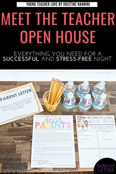 an open house flyer with water bottles, pencils and papers on the table next to it