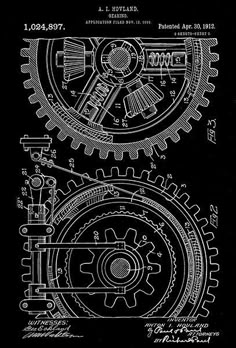 a black and white drawing of gears on a black background, with the words's name