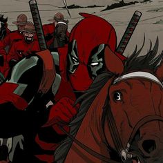 a group of people riding on the backs of horses in front of a red deadpool