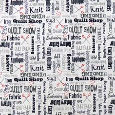 the word quilt shop in black and white with red scissors on it, as well as other