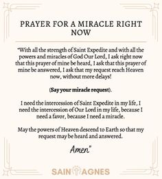 a prayer card with the words prayer for a miracle right now in gold and black