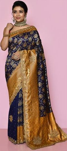 Blue color Saree in Kanjeevaram Silk, Silk fabric with Stone, Weaving work Royal Blue Wedding Saree With Zari Work, Royal Blue Saree With Pallu For Reception, Royal Blue Cutdana Saree For Wedding, Royal Blue Saree With Pallu For Wedding, Stone Weaving, Blue Color Saree, Blouse Pictures, Traditional Saree, Wedding Blue