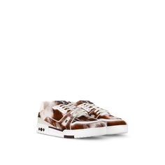 LOUIS VUITTON® - Lv Trainer Sneaker - Brown Lv Trainers, Lv Trainer Sneaker, Shoes Louis Vuitton, Louis Vuitton Gifts, Pony Style, Louis Vuitton Sneakers, Cowhide Print, Trunk Bag, Leather Denim