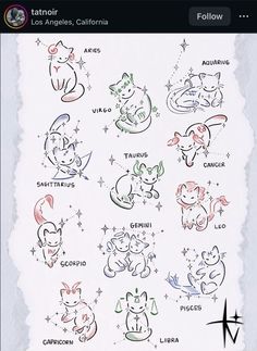 the zodiac signs are drawn on paper with stars and inking in different colors, including pink