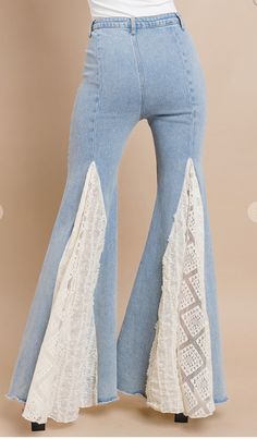 MIX MEDIA LACE DETAIL WIDE LEG JEANS ZIPPER FLY ASYMMETRICAL CONTRAST LACE FRONT POCKETS Gold Dress Shoes, Ropa Upcycling, Denim Wide Leg, Boho Denim, Formal Wear Dresses, Denim And Lace, Denim Details, Wide Leg Denim, Jeans For Sale