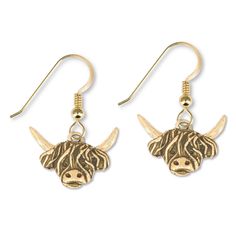 "These handcrafted Highland cow earrings in solid 14K gold are delightfully eye-catching! They make a perfect gift for the Scottish cattle lover. Each earring measures ¾\" from horn tip to horn tip and is just under ½\" tall. The Magic Zoo's 14K solid gold jewelry was created by me in my home studio. I sculpt each original model in polymer clay. I use only my hands and sometimes an occasional texturing tool to add depth and detail. My original designs are then cast in solid 14K gold using the an Cow Earrings, Gold Piece, Highland Cow, Animal Jewelry, My Home, Horn, Jewelry Earrings Dangle, The Magic, Solid Gold