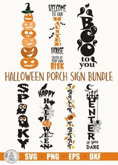 halloween porch sign bundle with pumpkins, jack - o'- lanterns and ghost faces