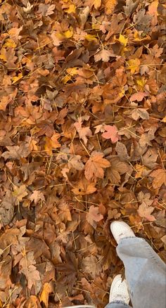 a person standing in the leaves with their feet up