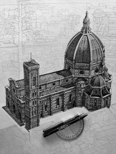 a pencil drawing of a building with a clock on the side and a pen next to it