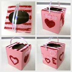 four pictures of pink boxes with hearts on them