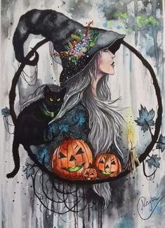 a painting of a witch holding two pumpkins and a black cat on her shoulder