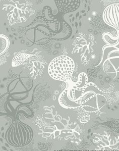 an image of a gray and white wallpaper with sea creatures on it's surface