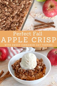 an apple crisp with cinnamon oat topping in a bowl next to apples and cinnamon sticks