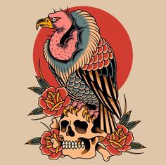 a bird sitting on top of a skull next to a flower and a red sun