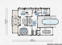 the ground plan for a house with two floors and an attached swimming pool in it