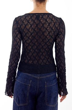 This full-of-charm long-sleeve top is made from lovely lace that's sheer below the bust and detailed with a tie at the neckline. Exclusive retailer Scoop neck Long sleeves Partially lined 99% polyester, 1% elastane Machine wash, line dry Made in Turkey Black Long Sleeve Tops With Scalloped Lace, Black Long Sleeve Lace Top With Lace Collar, Chic Long Sleeve Lace Top For Fall, Black Long Sleeve Lace Top For Fall, Long Sleeve Lace Top For Fall, Long Sleeve Lace Top With Lace Collar For Party, Black Scalloped Lace Long Sleeve Tops, Fall Crochet Lace Stretch Tops, Long Sleeve Lace Top With Sheer Sleeves