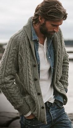 White Henley, Jeans Cardigan, Herren Style, Lauren Gray, Men Fashion Casual Outfits, Mens Winter Fashion, Gentleman Style, 가을 패션, Mens Casual Outfits