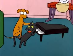 a cartoon dog and cat playing with a piano in front of a table that has a keyboard on it