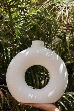 a white vase sitting on top of a palm leaf covered tree branch in the sun