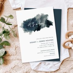 Minimalist Ink Wash It's a Boy Baby Shower Watercolor Baby Shower, Hipster Babies, Minimalist Typography, Simple Invitation, Party Details, Ink Wash