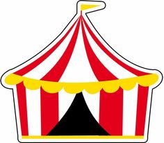 a red and white circus tent with yellow trimmings on the top, sitting in front of a white background