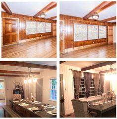 four pictures of the inside of a house with wood paneling and dining room furniture