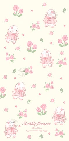 a wallpaper with pink flowers and rabbits on it's side, in front of a white background