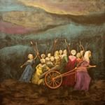 an image of a painting with people in the background holding hands and pulling a wheelbarrow