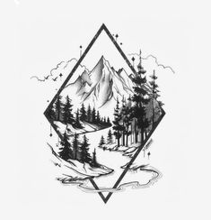 a black and white drawing of mountains with trees