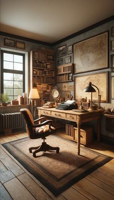 an old fashioned desk and chair in a room with bookshelves on the wall