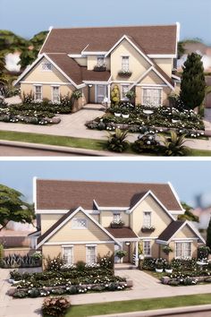 two renderings of the front and side of a house with landscaping on each side