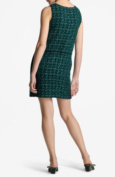 A solid twill front offers textural contrast to the metallic-tweed of this jewel-toned sleeveless dress cut in a leggy length. Hidden back-zip closure V-neck Sleeveless Side-seam pockets 40% polyester, 24% cotton, 22% wool, 5% acrylic, 5% polyamide, 3% viscose, 1% metallic fibers Dry clean Made in the USA Designer Clothing Sleeveless Tweed Evening Dress, Sleeveless Tweed Formal Dress, Sleeveless Tweed Dress For Formal Occasions, Formal Sleeveless Tweed Dress, Dress Cuts, Jewel Tones, Nordstrom Dresses, St John, Size 16