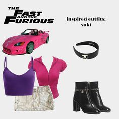 an advertisement for the fast and the fabulous featuring clothing, shoes, and accessories including a pink sports car