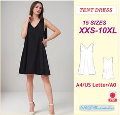 a woman wearing a black dress and white shoes with the text ten dresses 15 sizes xxs - 10xl