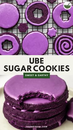 purple sugar cookies are stacked on top of each other with the words, ube sugar cookies sweet and earthy